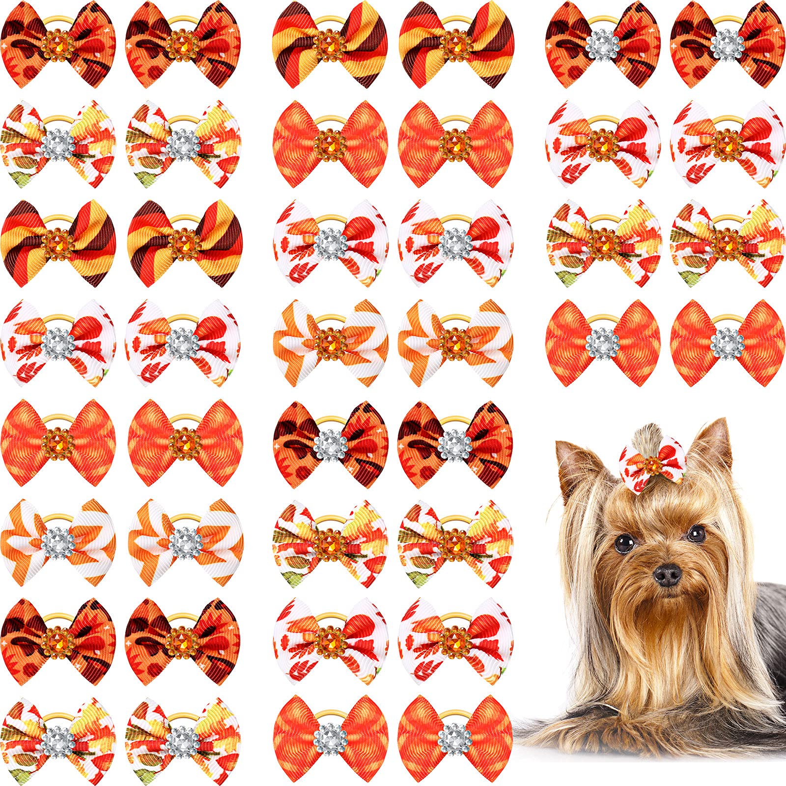 PACKCO 40-Piece Autumn & Thanksgiving Dog Hair Bows with Premium Rhinestones (20 Pairs)