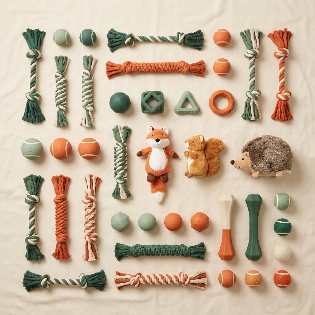 PACKCO 40-Piece Dog Toy Mega Pack flat-lay of assorted rope, ball, plush and chew toys