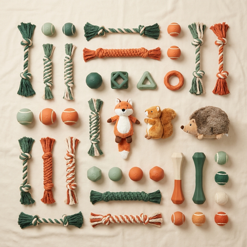PACKCO 40-Piece Dog Toy Mega Pack flat-lay of assorted rope, ball, plush and chew toys