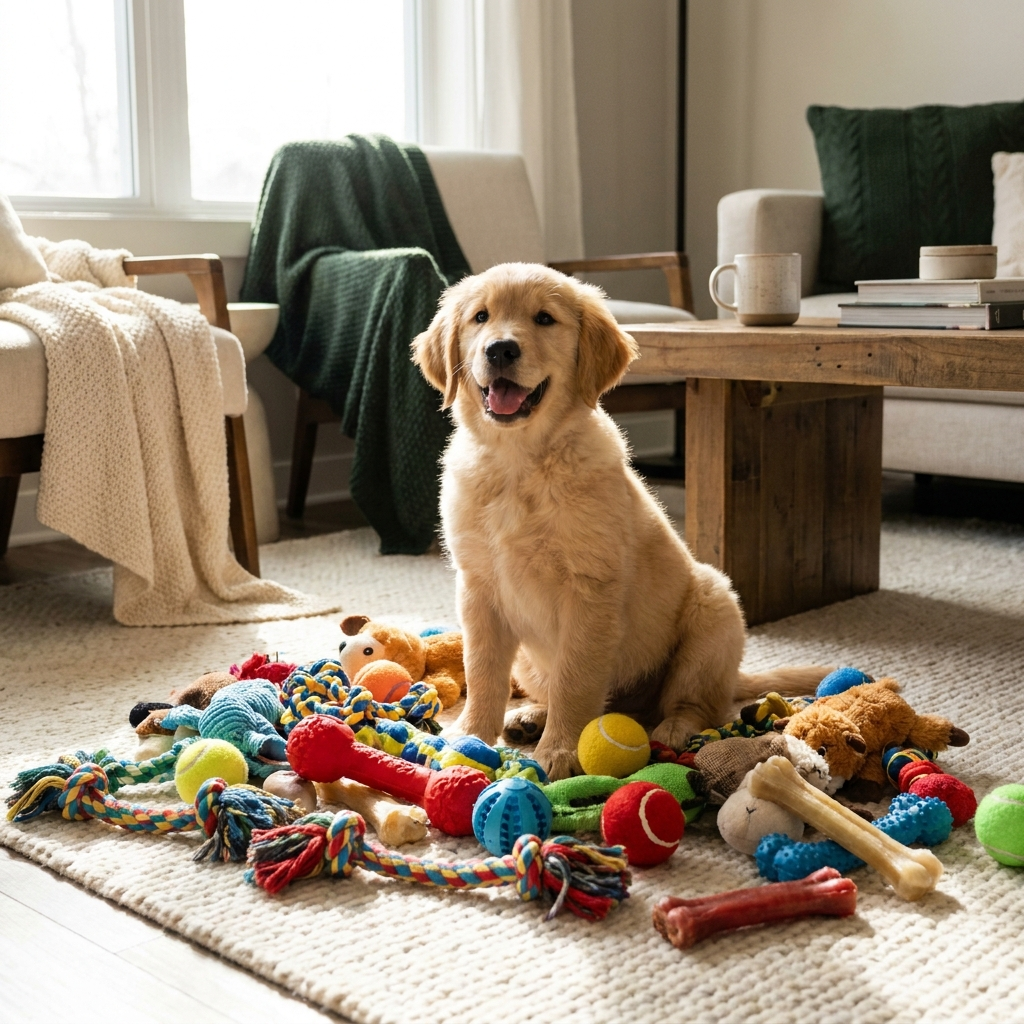 Happy puppy surrounded by a pile of colorful PACKCO dog toys