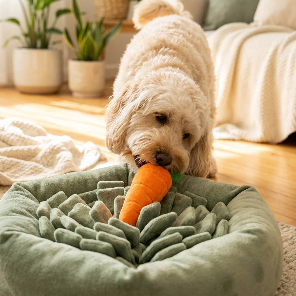 Cute dog pulling a plush carrot out of the PACKCO carrot snuffle toy